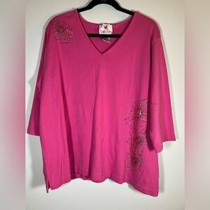 Vintage Y2K Quacker Factory pink v-neck rhinestones tshirt sz3X retro casual